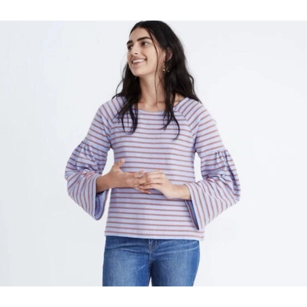 Madewell Shirred Bell Sleeve M Sailor‎ Blue Red Striped Pullover Coastal Preppy